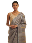 Handwoven Fossil Grey Kosa Saree with Lime Green Motifs