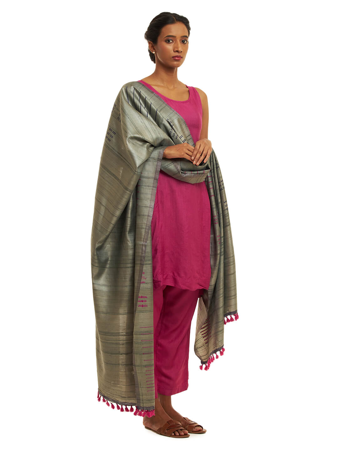 Handwoven Green Kosa Dupatta with Multicolor Motifs