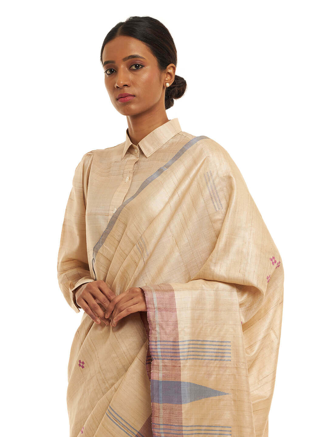 Handwoven Natural-Undyed Kosa Saree with Magenta and Grey Temple Border