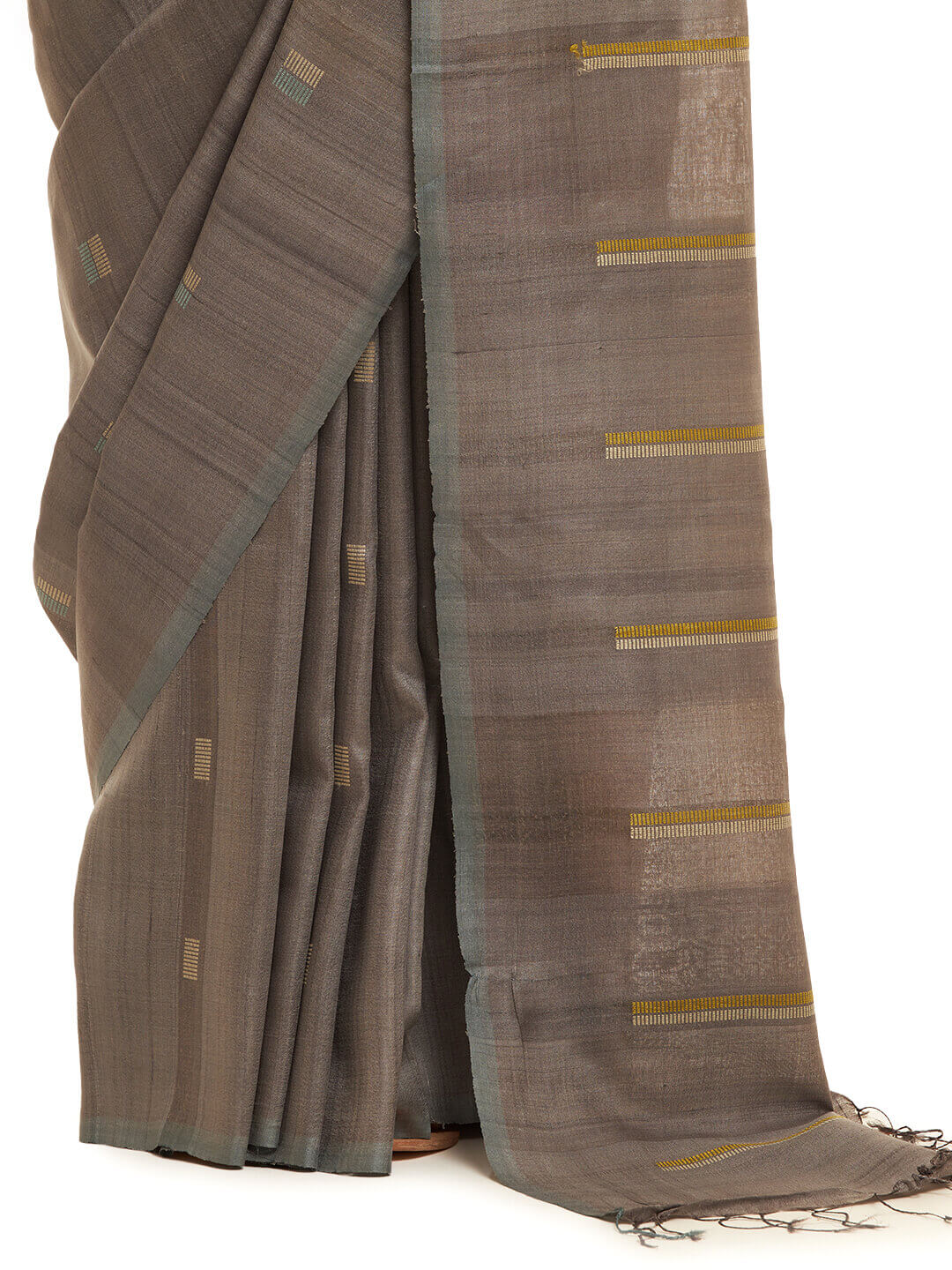 Handwoven Fossil Grey Kosa Saree with Lime Green Motifs