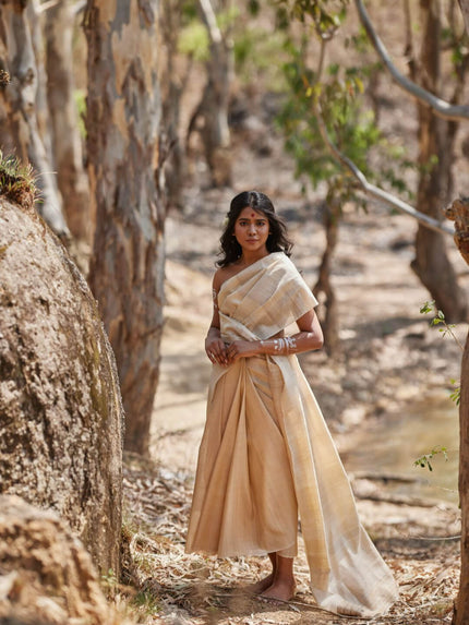 Handwoven Natural Kosa Silk Saree with White Temple Border