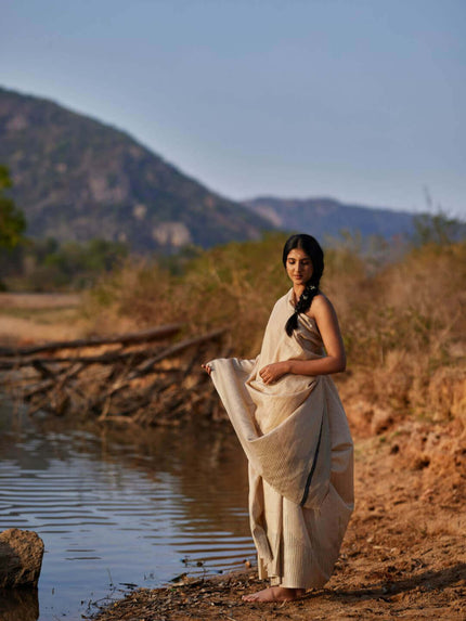 Handwoven Natural Kosa Silk Saree with Contemporary Black Stripes