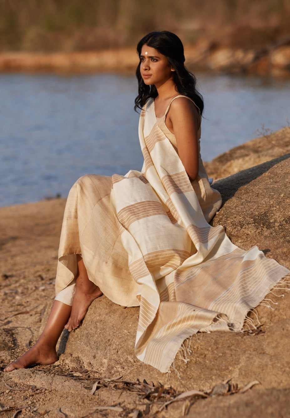 Handwoven Natural Kosa Silk Dupatta with Stripes and Temple Border