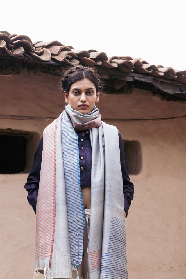 Handwoven Red and Blue Kosa Dupatta