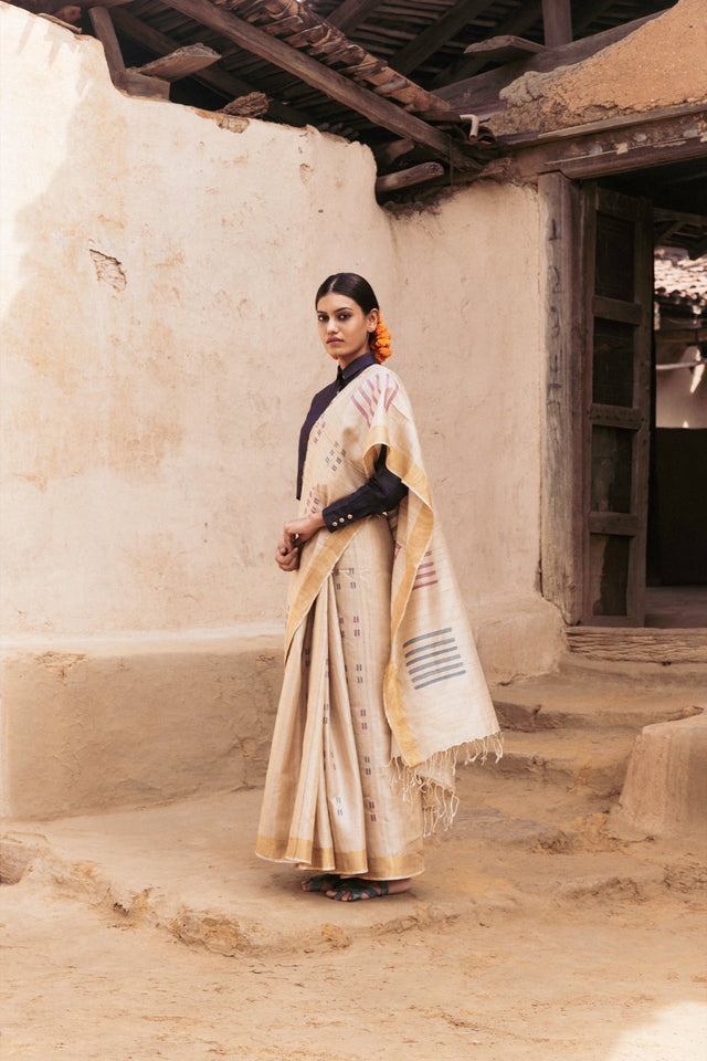 Handwoven Natural-Undyed Kosa Saree with Multicolour Motifs