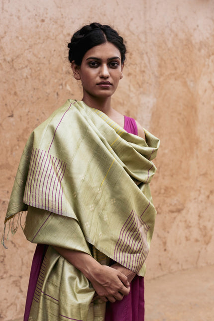 Handwoven Kosa Dupatta in Moss Green with Multicolor Motifs