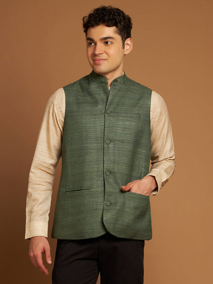 Green Ghicha Nehru Jacket with Textured Weave