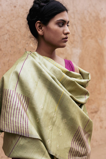 Handwoven Kosa Dupatta in Moss Green with Multicolor Motifs