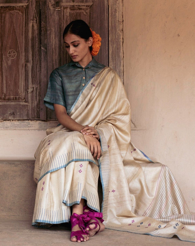 Handwoven Natural-Undyed Tussar Saree with Magenta and Blue Motifs