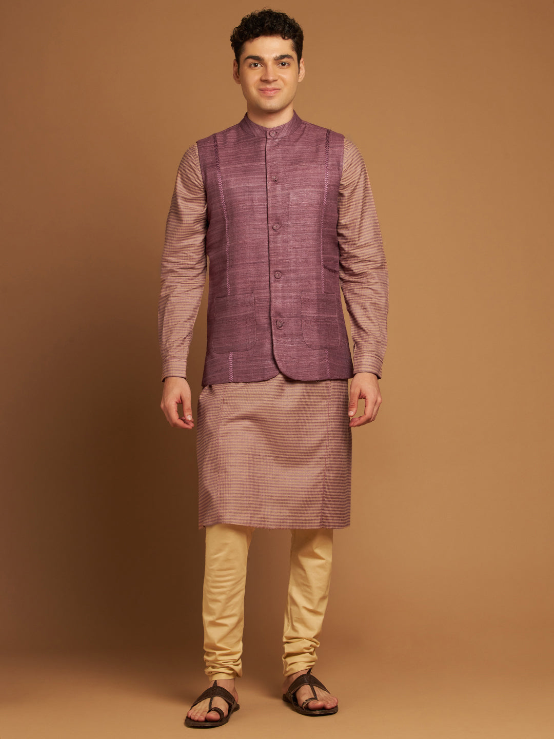 Wine Ghicha Nehru Jacket with Tribal Cut-Sew Panels