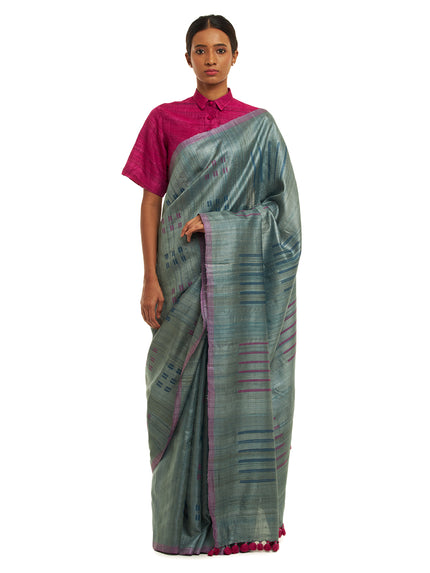 Handwoven Kale Green Kosa Saree with Geometric Motifs