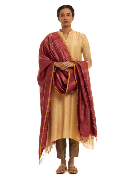 Handwoven Maroon Kosa Dupatta with Weft Motifs