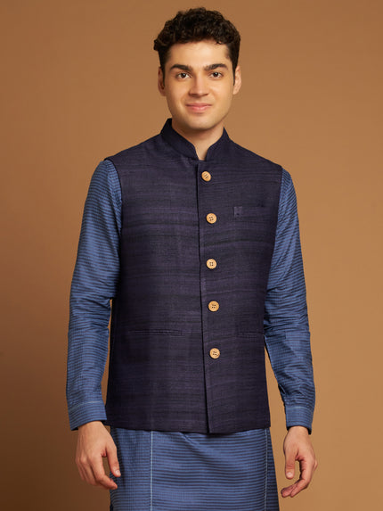 Classic Nehru Jacket in Ghicha silk with wooden buttons in Blue