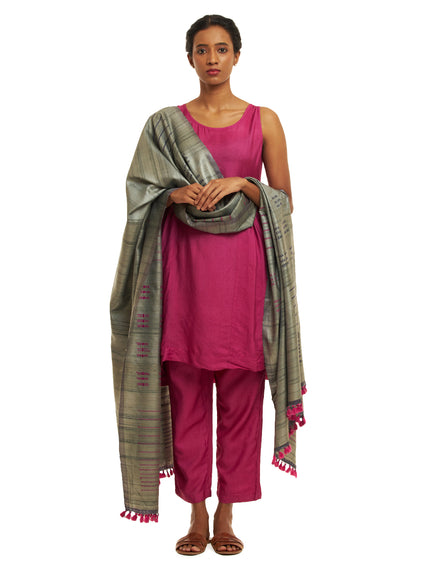 Handwoven Green Kosa Dupatta with Multicolor Motifs