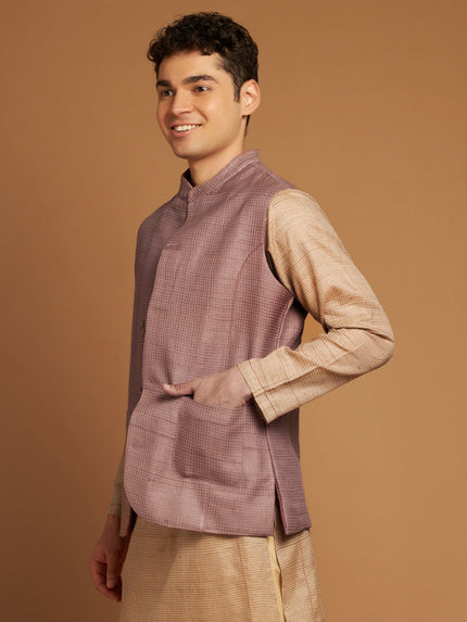 Pink Kosa & Cotton Nehru Jacket with Checkered Weave