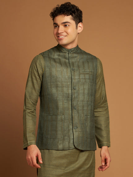 Green Kosa Nehru Jacket with Tribal Motif Embroidery