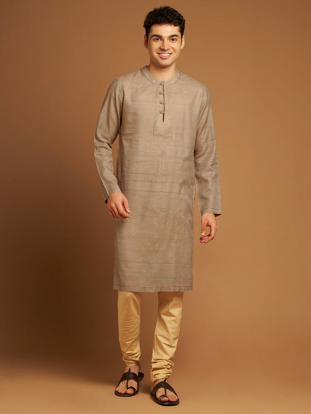 Beige Long Kurta with Micro-Check Fabric