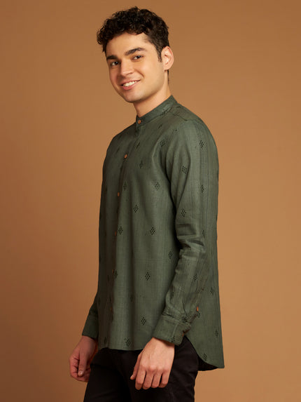 Green Kosa Silk Shirt with Tribal Motif Embroidery