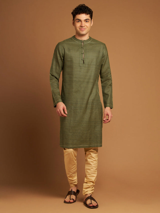 Rhubarb Green Kosa Long Kurta with Micro-Check Fabric