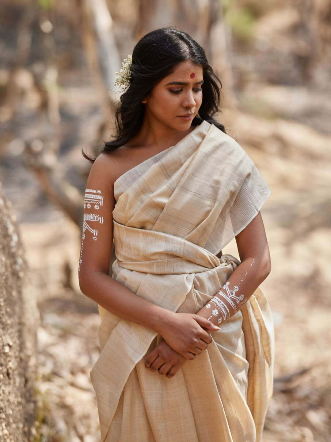 Handwoven Natural Kosa Silk Saree with White Temple Border