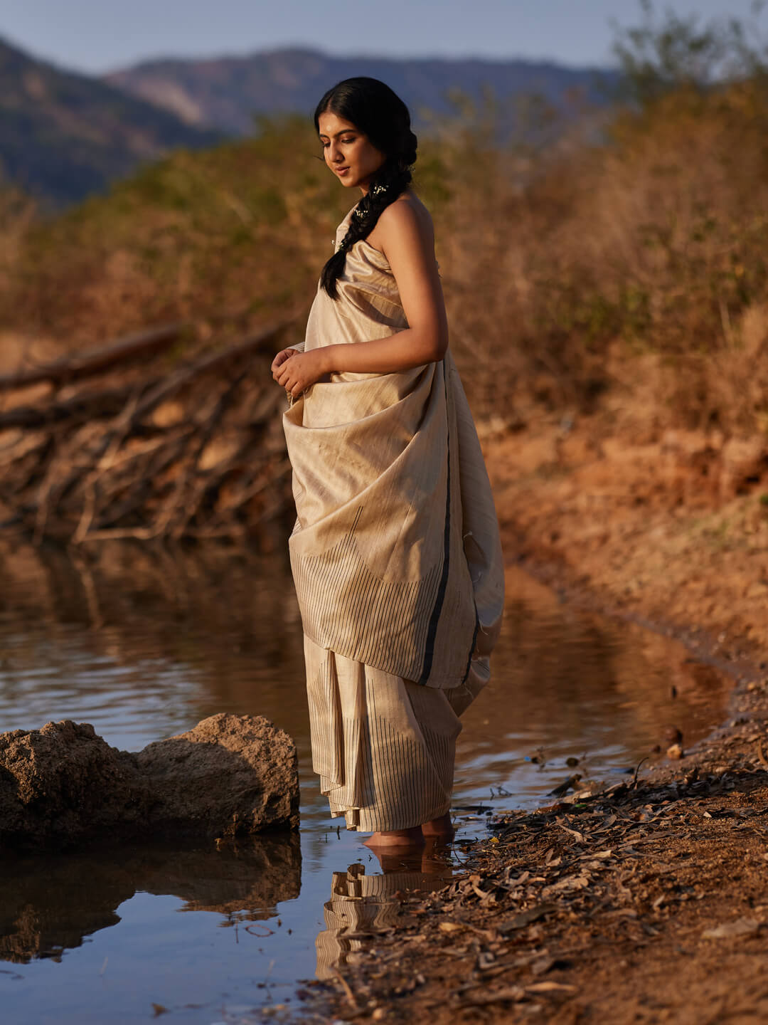 Handwoven Natural Kosa Silk Saree with Contemporary Black Stripes