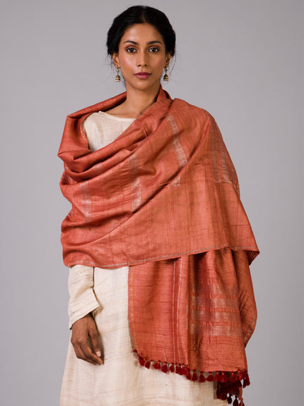 Handwoven rust Colour Silver Zari Kosa Stole