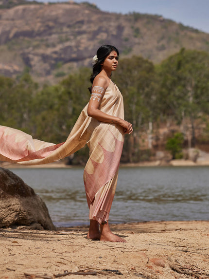 Handwoven Natural Kosa Silk Saree with Contemporary Red Stripes