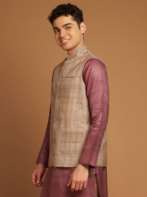 Classic Nehru Jacket in Kosa silk with wooden buttons in Beige