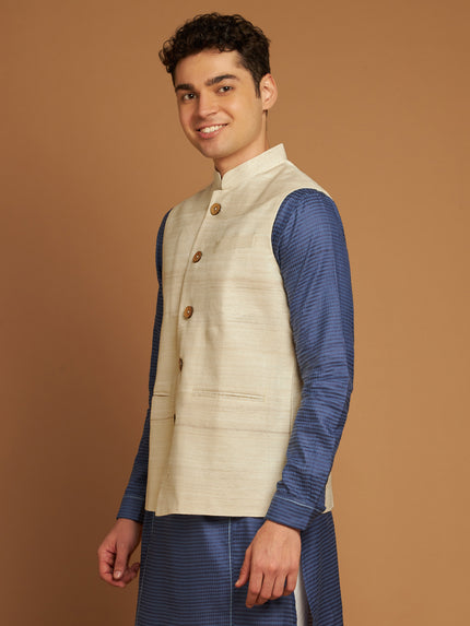 Classic Nehru Jacket in Ghicha silk with wooden buttons in Natural colour