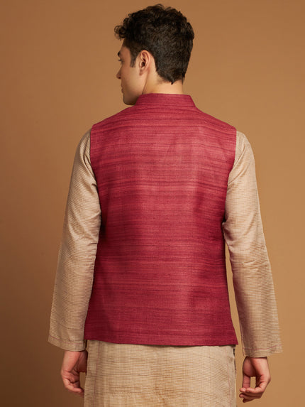 Classic Nehru Jacket in Ghicha silk with wooden buttons in Burgundy