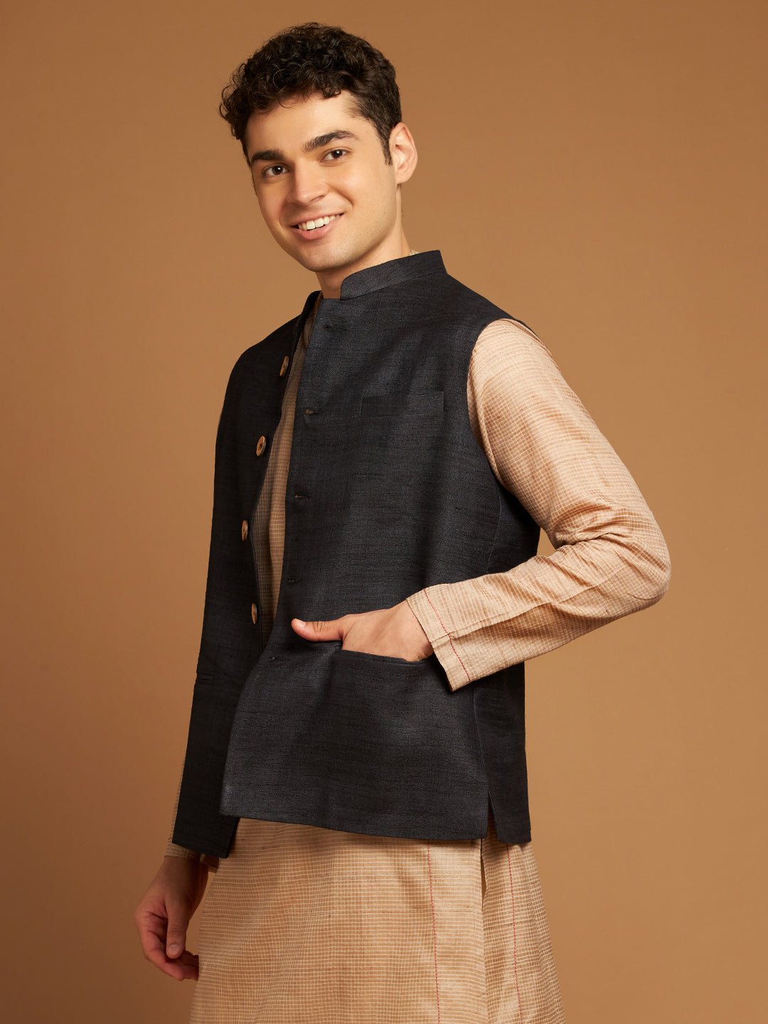 Classic Nehru Jacket in Ghicha silk with wooden buttons in Black