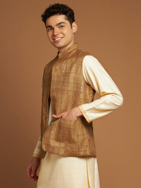 Ochre Kosa Nehru Jacket with Tribal Motif Embroidery