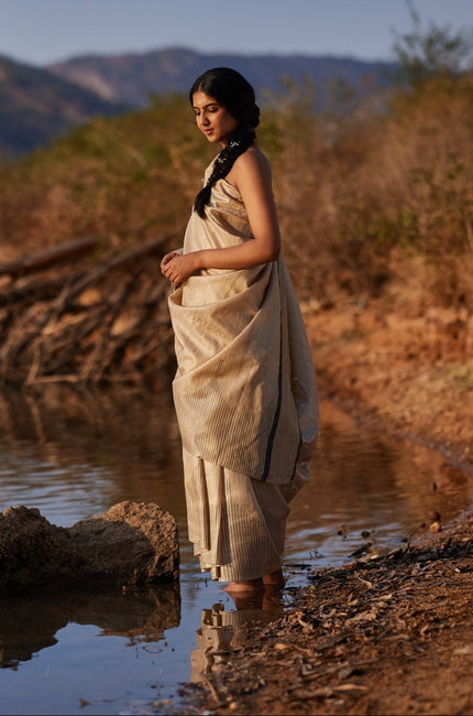 Handwoven Natural Kosa Silk Saree with Contemporary Black Stripes