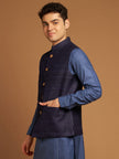 Classic Nehru Jacket in Ghicha silk with wooden buttons in Blue