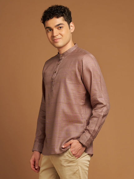 Pink Kosa Kurta with Checkered Fabric and Handcrafted Buttons