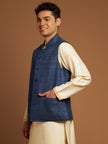 Classic Nehru Jacket in Ghicha silk with wooden buttons in Indigo