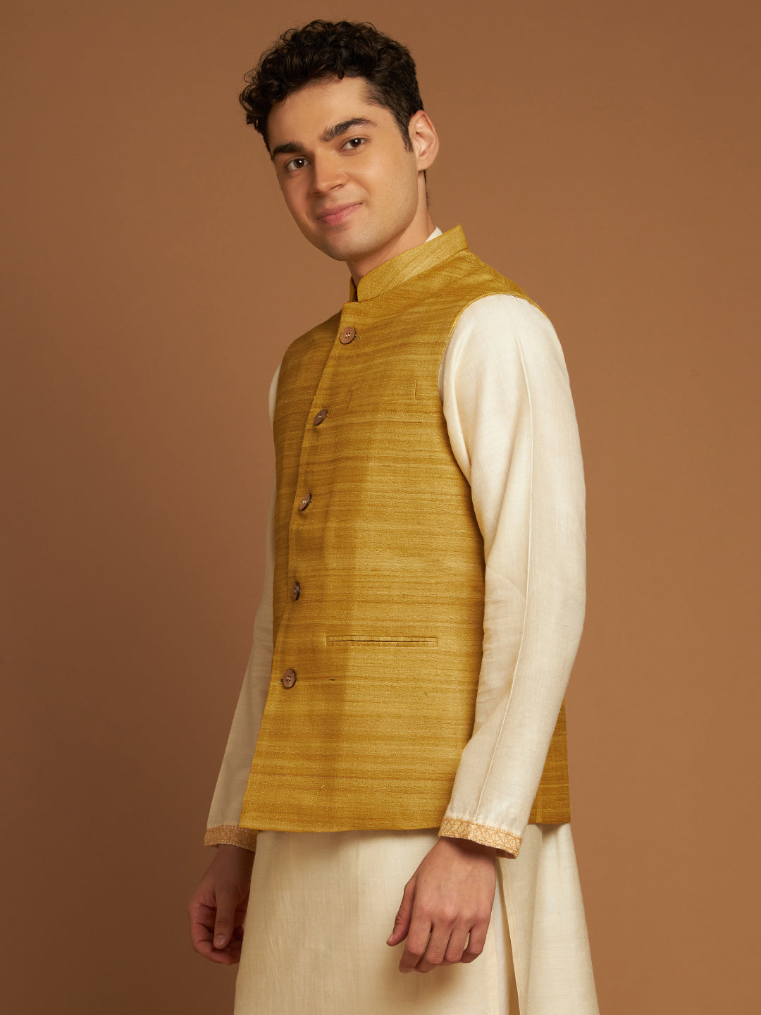 Classic Nehru Jacket in Ghicha silk with wooden buttons in Yellow