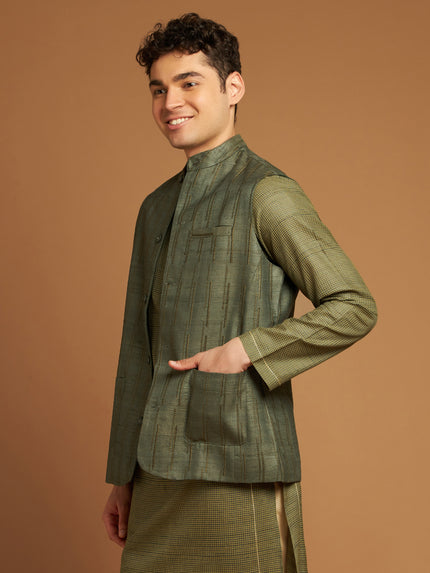 Green Kosa Nehru Jacket with Tribal Motif Embroidery