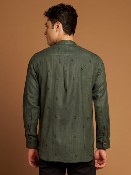 Green Kosa Silk Shirt with Tribal Motif Embroidery