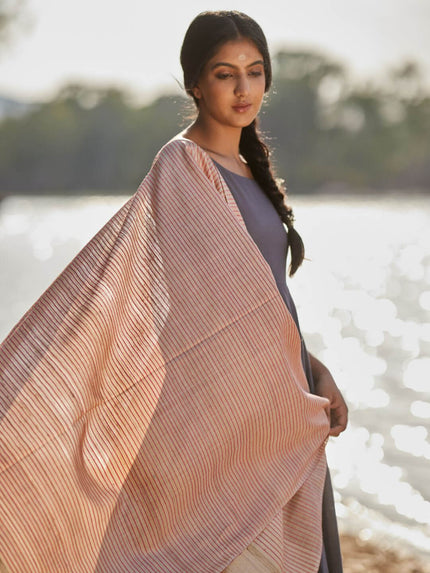 Handwoven Natural Kosa Silk Dupatta with Stripes and Temple in Pink