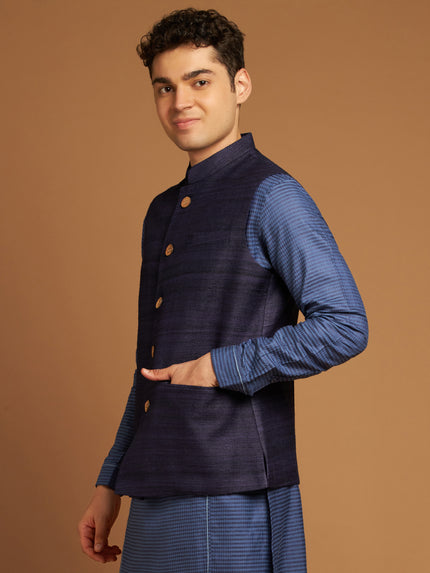 Classic Nehru Jacket in Ghicha silk with wooden buttons in Blue