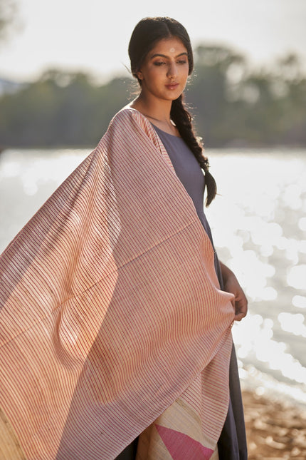 Handwoven Natural Kosa Silk Dupatta with Stripes and Temple in Pink