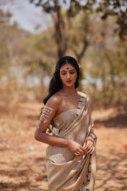 Handwoven Natural Kosa Silk Saree with Black Stripes in Pleats