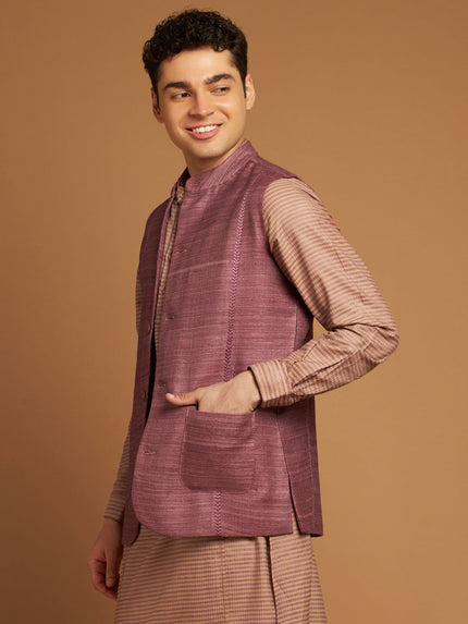 Wine Ghicha Nehru Jacket with Tribal Cut-Sew Panels