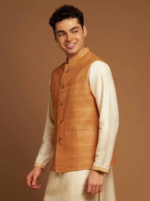 Classic Nehru Jacket in Ghicha silk with wooden buttons in Orange