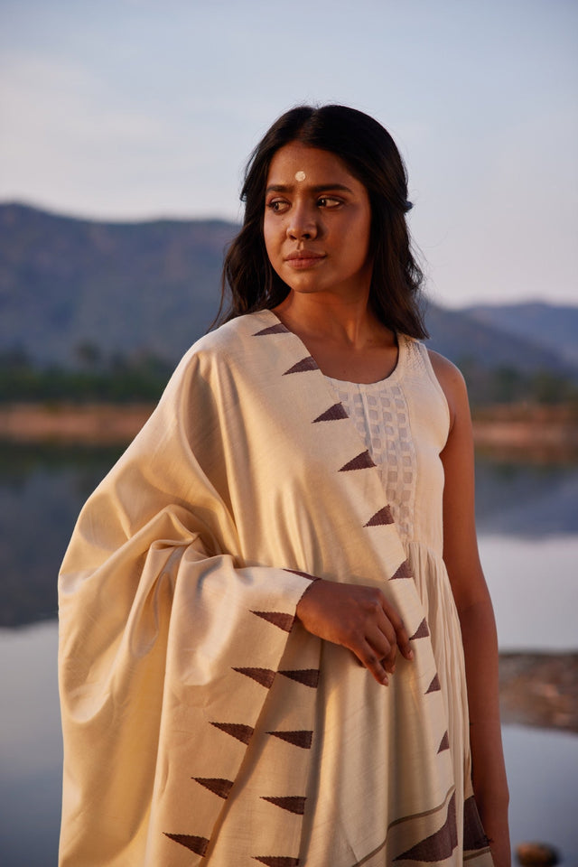 Handwoven Kosa Silk Dupatta with Brown Temple Motifs