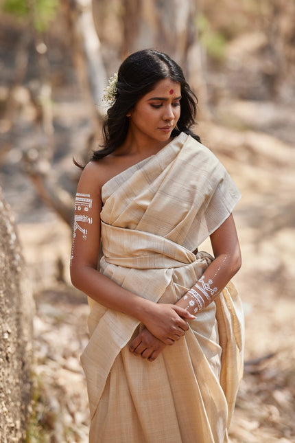 Handwoven Natural Kosa Silk Saree with White Temple Border