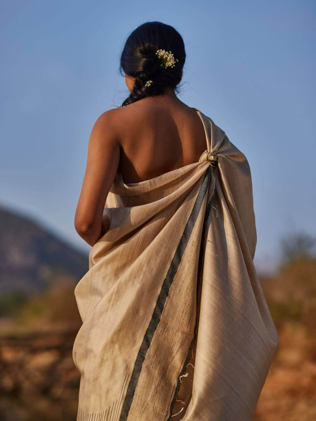 Handwoven Natural Kosa Silk Saree with Contemporary Black Stripes