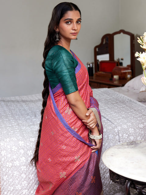 Handwoven Kosa Silk Saree in Magenta & Orange with Artistic Cotton Motifs