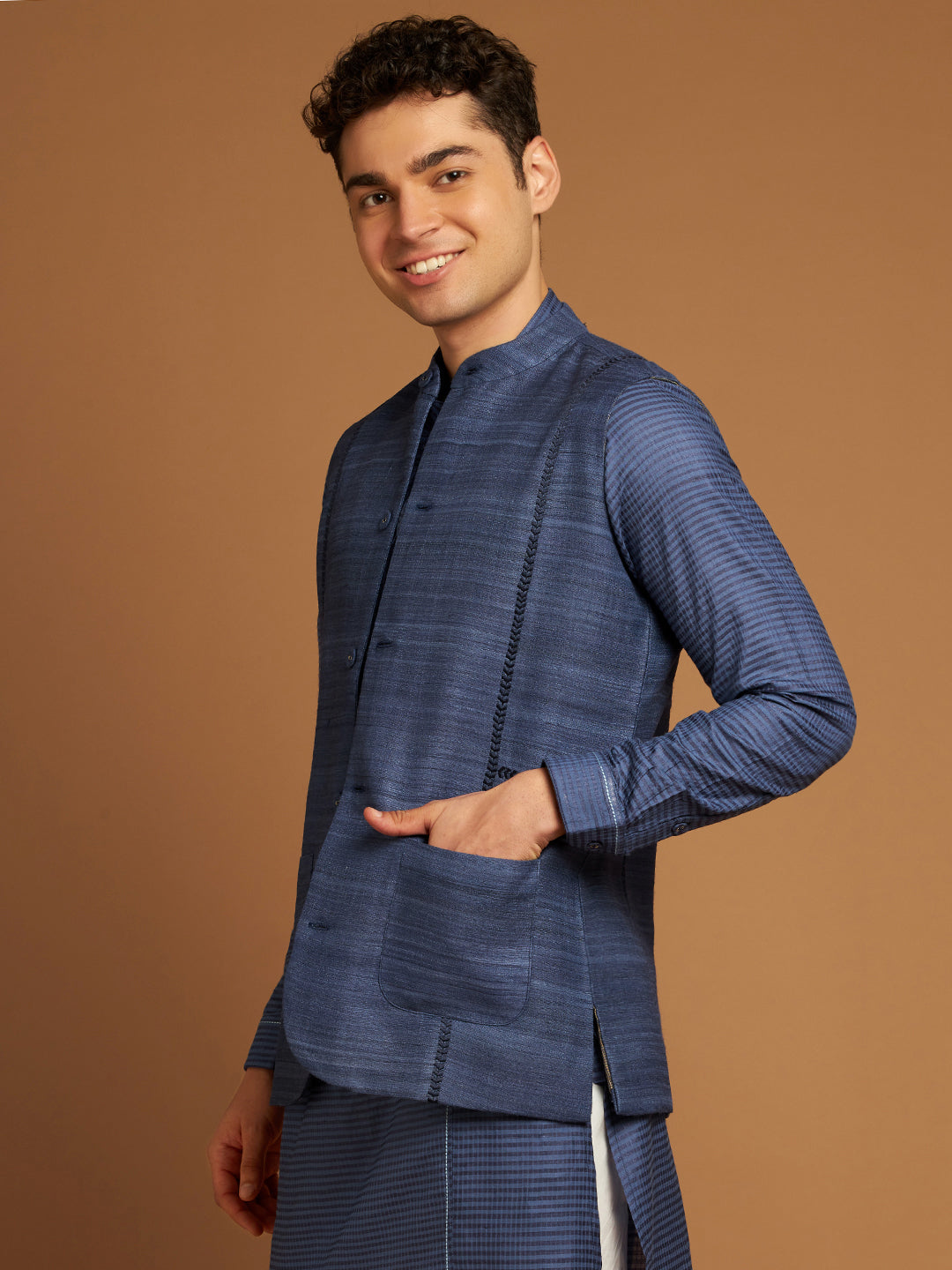 Indigo Ghicha Nehru Jacket with Tribal Cut-Sew Panels